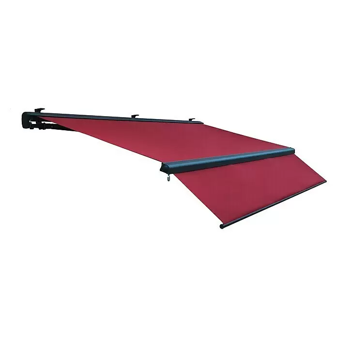 Sunfun Gelenkarmmarkise - Bordeaux, Breite: 3,95 m, Ausfall: 3 m - Ausgefahrene rote Markise mit schwarzem Gestell und Rollstange.