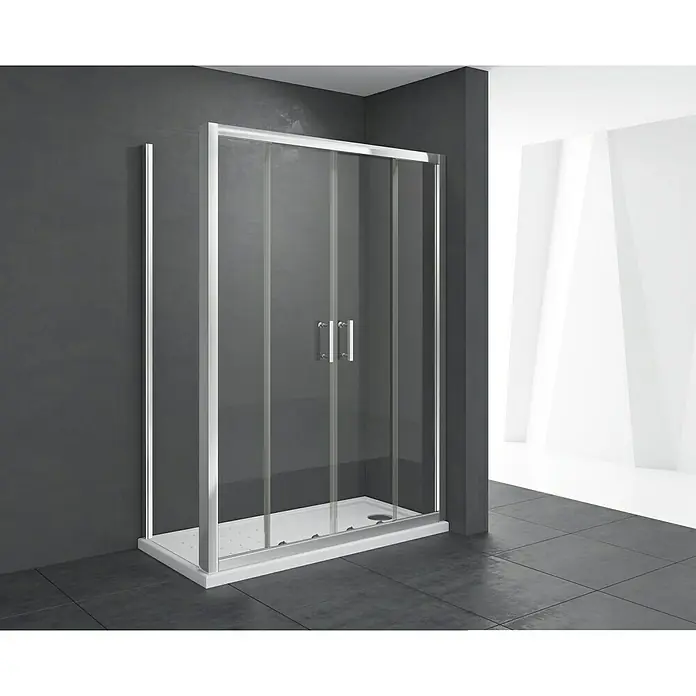 Pieza lateral para mampara de ducha Chloe - An x Al: 70 x 195 cm, Vidrio transparente, Cromo - Cabina de ducha con puertas correderas y marco plateado. La ducha está sobre un plato blanco en un baño moderno.
