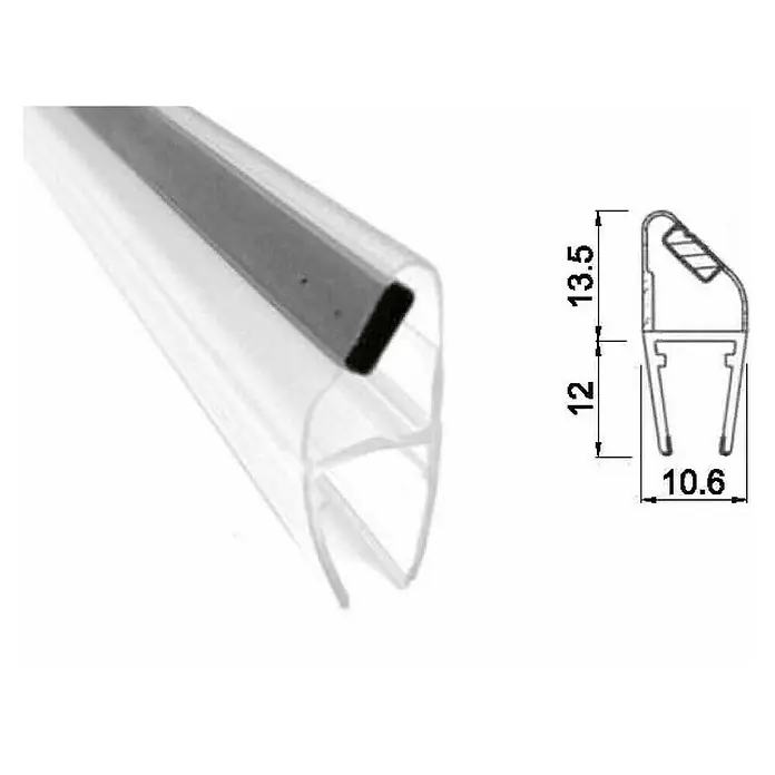 Perfil de sellado magnético cuña N - 200 x 1,06 x 2,55 cm, Transparente - Imagen de un sello de ducha transparente con tira magnética y dimensiones de 12 mm, 13,5 mm y 10,6 mm.