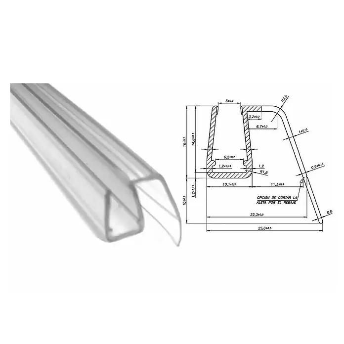 Perfil de sellado vierteaguas pala recortable - 100 x 2,58 x 2,6 cm, Transparente - Primer plano de un perfil de sellado transparente con un dibujo técnico adjunto que muestra sus dimensiones y detalles.