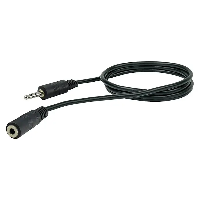 Schwaiger Audio-Verlängerungskabel - Klinkenstecker 3,5 mm, Länge: 1,5 m - Abgebildet ist ein schwarzes 3,5-mm-Klinkenkabel, das an beiden Enden Stecker und Buchse aufweist. Zum Anschluss von Audio zwischen Geräten.