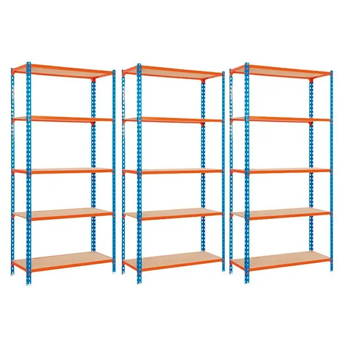 Simonrack Maderclick Estantería para cargas pesadas Plus - L x An x Al: 40 x 100 x 200 cm, Azul/Naranja - Tres estanterías con estantes robustos naranjas y estructuras metálicas azules ofrecen un amplio espacio de almacenamiento.