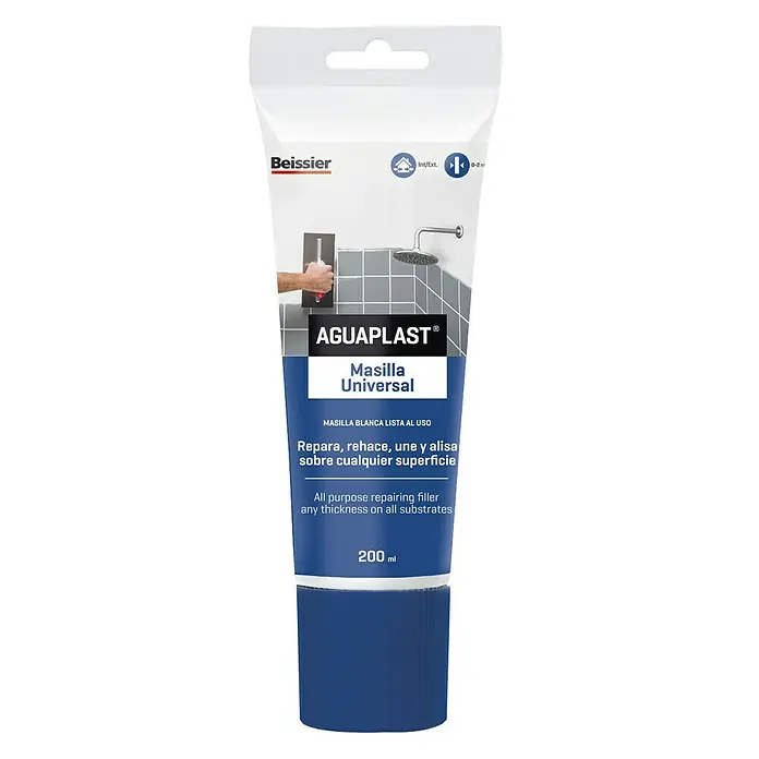 Beissier Aguaplast Masilla Universal - Blanco, 200 g - Imagen del producto de un tubo de masilla universal Aquaplast de Beissier. Ideal para reparar, rehacer y alisar superficies en interiores y exteriores.