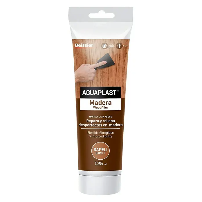 Beissier Aguaplast Masilla para madera - Sapeli, 125 ml - Imagen de un tubo de masilla para madera AGUAPLAST Madera, lista al uso para reparar desperfectos en madera, reforzada con fibra de vidrio flexible.