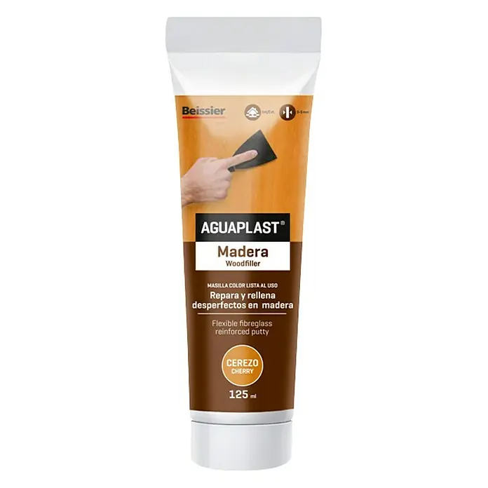 Beissier Aguaplast Masilla para madera - Cerezo, 125 ml - Imagen de un tubo de AGUAPLAST Madera Woodfiller, una masilla para madera lista para usar para reparar daños en madera en color cerezo.