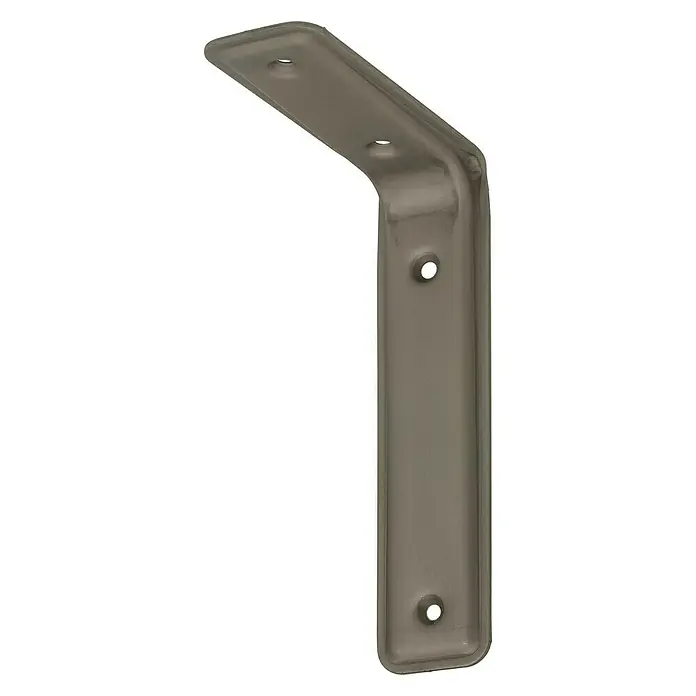 Stabilit Escuadra de estantería - 235 x 40 x 160 mm, Acero, Carga soportada: 65 kg - Primer plano de un soporte angular gris con bordes redondeados y múltiples orificios para tornillos para un montaje seguro.