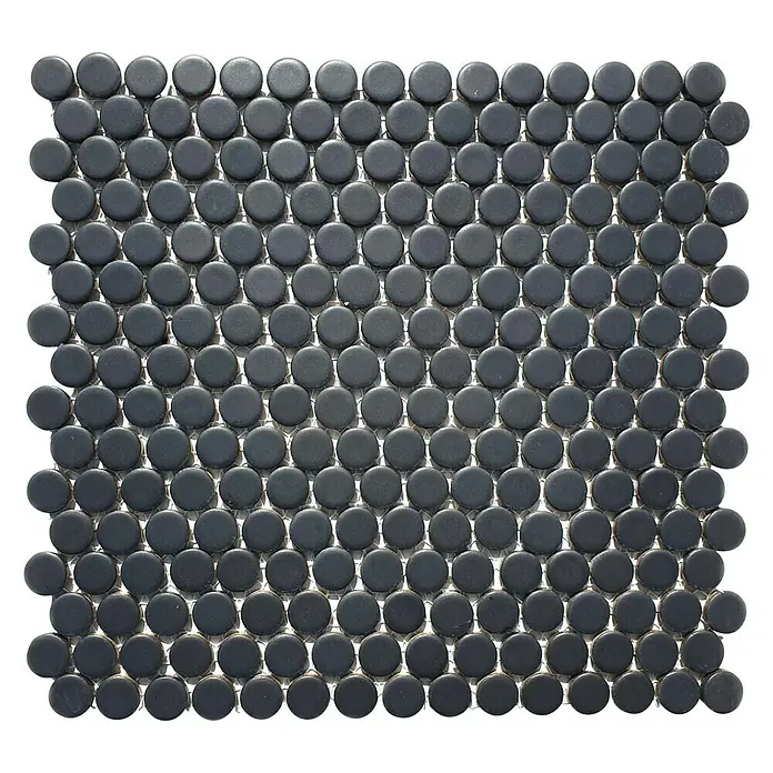 Mosaikfliese Knopf Uni 892N - 30,5 x 32 cm, Schwarz, Matt - Schwarzes Penny-Rundfliesen-Mosaik, ideal für stilvolle Akzente in Küche oder Bad. Robuste und pflegeleichte Oberfläche für den Innenbereich.