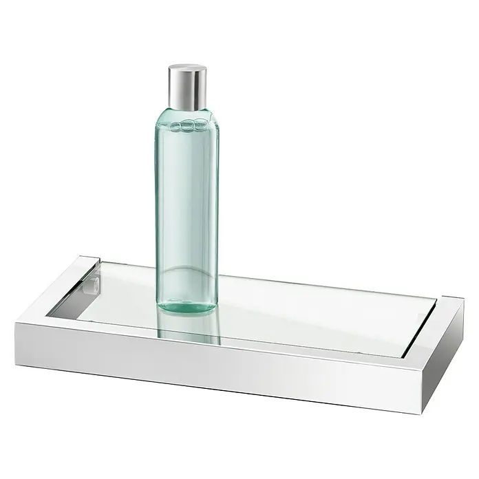 Zack Linea Glasablage - Breite: 26,5 cm, Edelstahl, Glänzend - Eine glänzende, rechteckige Ablage mit einem durchsichtigen, blauen Flüssigkeitsbehälter.