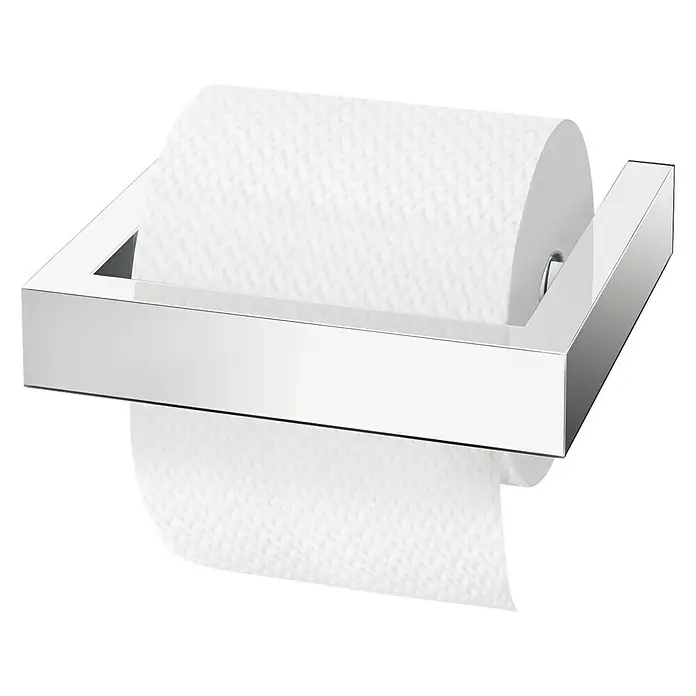 Zack Linea Toilettenpapierhalter - Ohne Deckel, Edelstahl, Glänzend - Bild eines modernen, verchromten Toilettenpapierhalters mit einer Rolle weißem Papier, isoliert auf Schwarz.