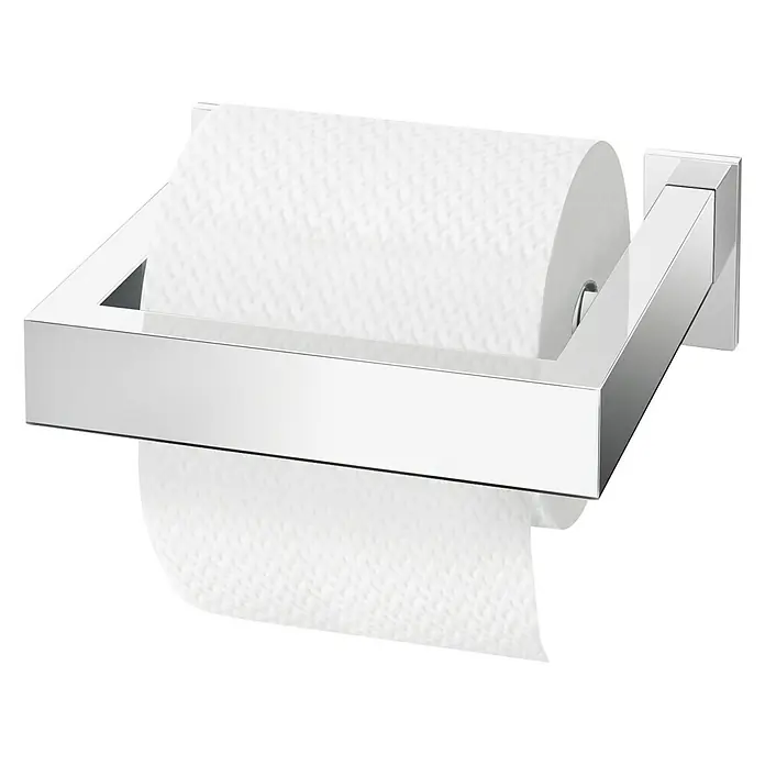 Zack Linea Toilettenpapierhalter - Ohne Deckel, Edelstahl, Glänzend - Nahaufnahme eines modernen, verchromten Toilettenpapierhalters mit einer Rolle weißem Papier. Elegant und funktional für jedes Badezimmer.