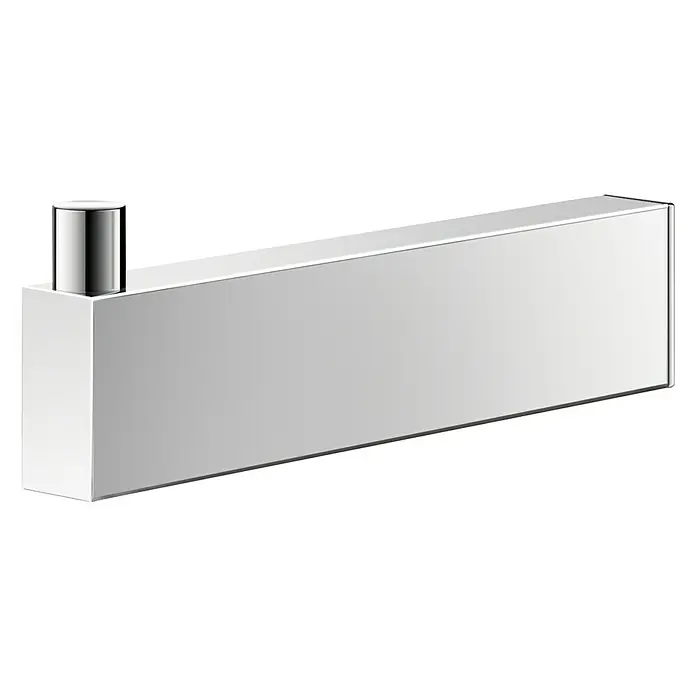 Zack Linea Ersatzpapierrollenhalter - Länge: 13 cm, Edelstahl, Glänzend - Nahaufnahme einer modernen, rechteckigen Chrom-Garderobenleiste mit einem zylindrischen Haken, ideal für stilvolle Badezimmer und Ankleidezimmer.