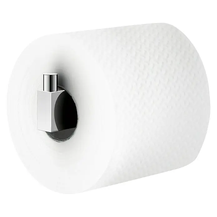 Zack Linea Ersatzpapierrollenhalter - Länge: 13 cm, Edelstahl, Glänzend - Eine Rolle Toilettenpapier hängt an einem verchromten Halter vor einem schwarzen Hintergrund. Das Papier ist sauber und unbenutzt.