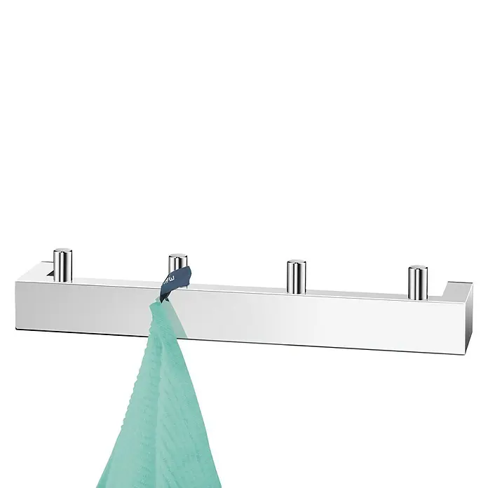 Zack Linea Hakenleiste - Anzahl Haken: 4 Stk., Edelstahl, Glänzend - Nahaufnahme einer silbernen Handtuchstange mit mintgrünem Handtuch, die ein elegantes und praktisches Badezimmeraccessoire zeigt.