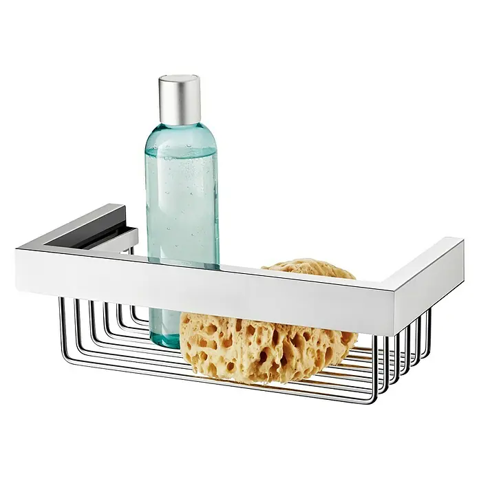 Zack Linea Duschkorb - L x B x H: 13 x 26,5 x 8,5 cm, Edelstahl, Glänzend - Ein verchromtes Duschregal mit Duschgel und Schwamm bietet praktischen Stauraum und elegante Optik im Badezimmer.