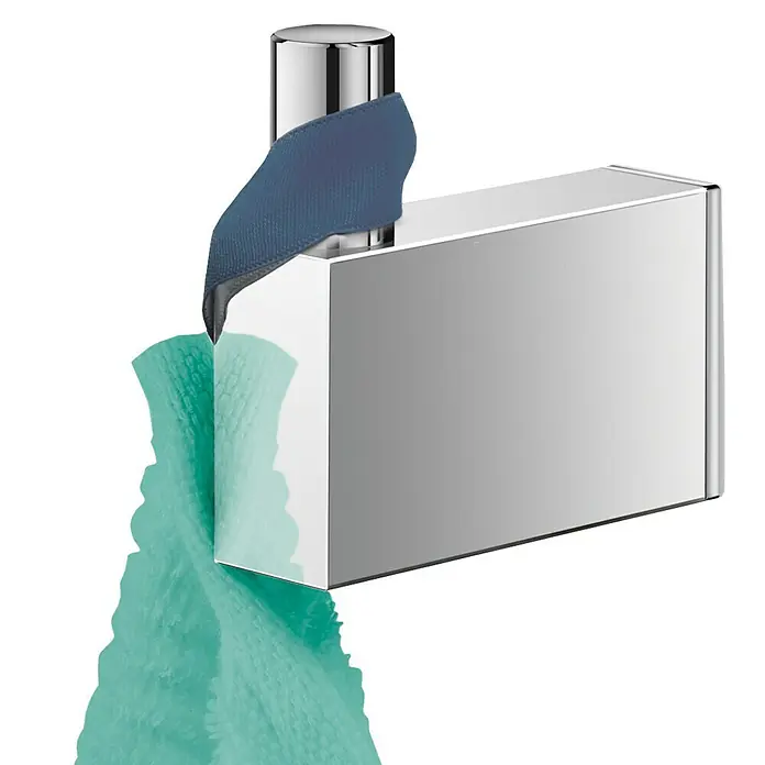 Zack Linea Handtuchhaken - Länge: 4,5 cm, Edelstahl, Glänzend - Handtuchhalter aus Chrom mit blauem Akzent und türkisfarbenem Handtuch, ideal für moderne Badezimmer. Praktisch und stilvoll.