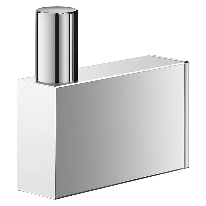 Zack Linea Handtuchhaken - Länge: 6 cm, Edelstahl, Glänzend - Nahaufnahme eines glänzenden, rechteckigen Handtuchhalters mit einem zylindrischen Arm auf einem schwarzen Hintergrund.