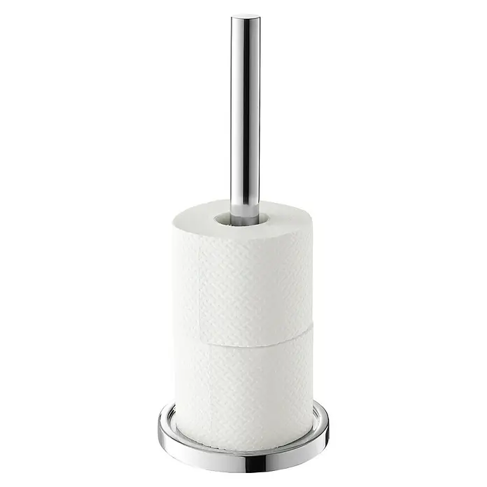 Zack Ersatzpapierrollenhalter Mimo - Edelstahl, Glänzend - Freistehender Toilettenpapierhalter aus Chrom mit einer Rolle Toilettenpapier darauf. Das Produkt ist vor einem schwarzen Hintergrund.