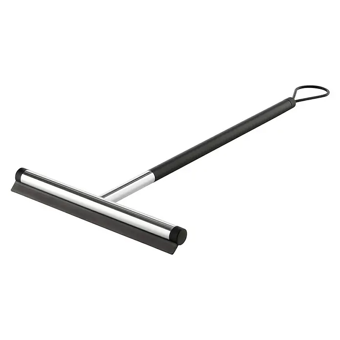 Zack Bad-& Duschabzieher Jaz - Länge: 42,5 cm, Edelstahl/Schwarz, Glänzend - Ein schwarzer Duschabzieher mit einem silbernen T-Stück und einer Gummilippe zum Abziehen von Wasser von glatten Oberflächen.