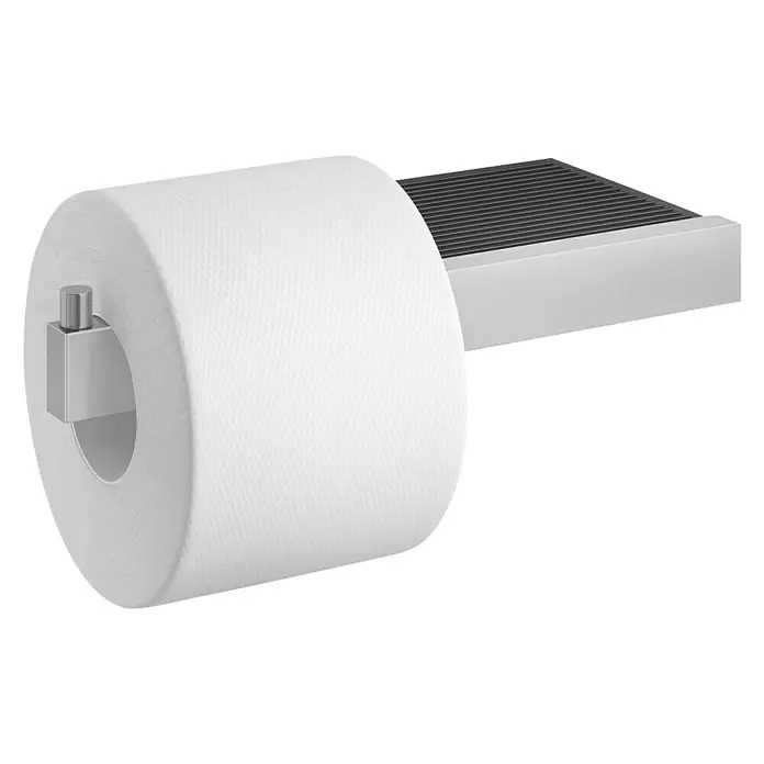 Zack Linea Toilettenpapierhalter - Mit Ablage, Edelstahl/Schwarz, Matt - Ein minimalistischer Toilettenpapierhalter aus Metall mit einer Rolle weißen Toilettenpapiers. Das Design ist modern und funktional.