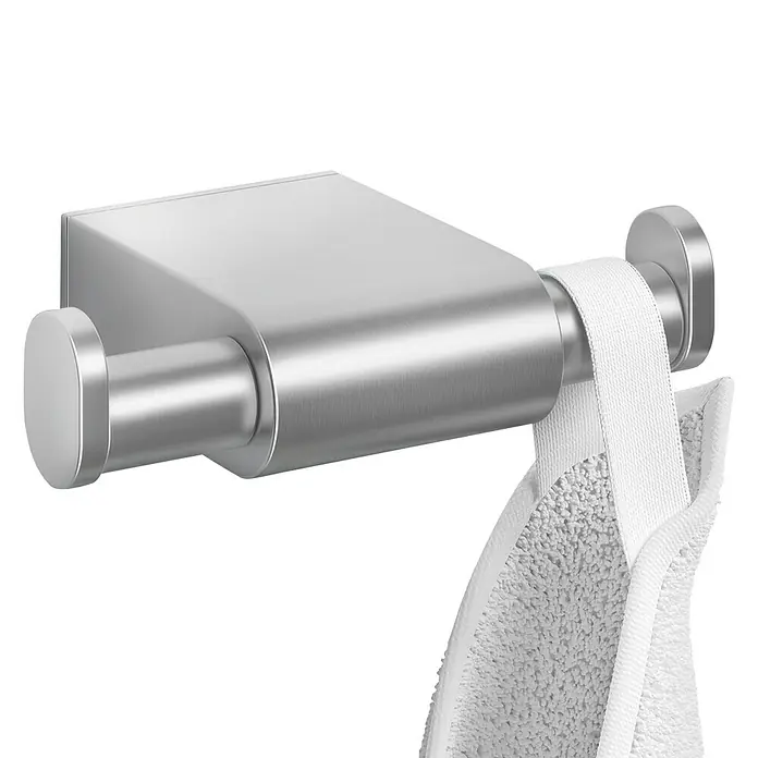 Zack Atore Doppelhaken - Edelstahl, Matt - Detailaufnahme eines modernen Handtuchhalters aus gebürstetem Edelstahl mit einem weißen Handtuch, ideal für jedes Badezimmer.