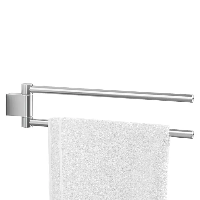 Zack Atore Handtuchhalter - 2-armig, Edelstahl, Matt - Handtuchhalter aus gebürstetem Edelstahl mit einem weißen Handtuch auf schwarzem Hintergrund.