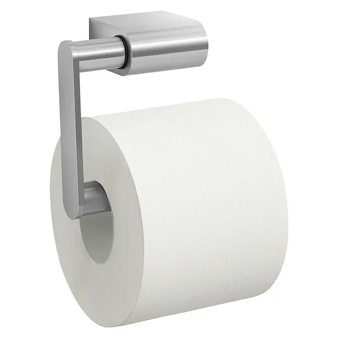 Zack Atore Toilettenpapierhalter - Edelstahl, Matt - Ein Toilettenpapierhalter aus Edelstahl mit einer vollen Rolle weißem Toilettenpapier darauf.