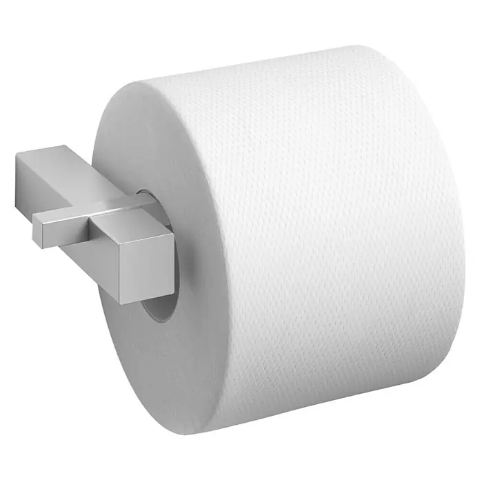 Zack Carvo Toilettenpapierhalter - Edelstahl, Matt - Ein sauberes, weißes Toilettenpapier auf einem modernen, silberfarbenen Halter, ideal für jedes Badezimmer.