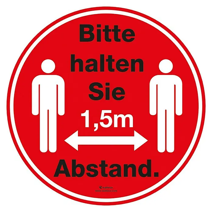 Aufkleber - Bitte 1,5 m Abstand halten, Rot, Durchmesser: 150 mm - Warnschild: Bitte halten Sie 1,5m Abstand. Ein rotes Schild mit der Aufforderung, einen Abstand von 1,5 Metern einzuhalten.