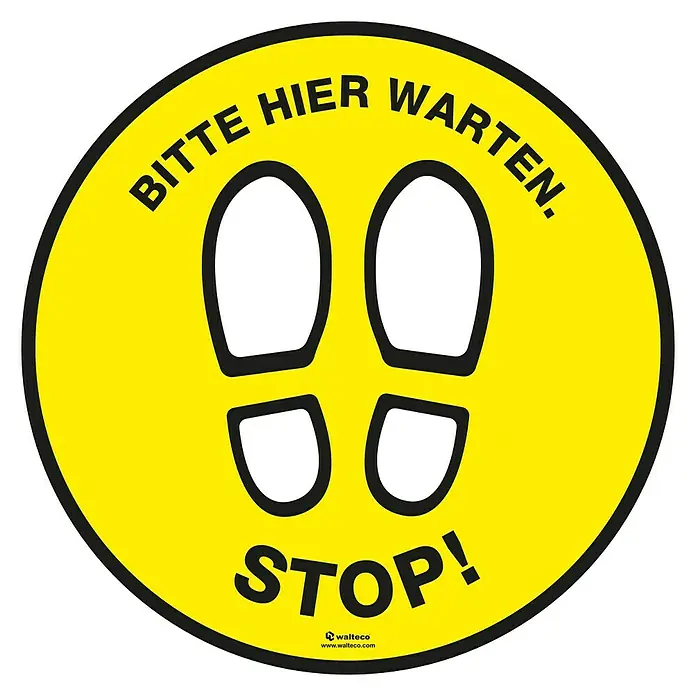Aufkleber - STOP Bitte hier warten, Gelb, Durchmesser: 400 mm - Gelber Bodenaufkleber mit der Aufschrift "Bitte hier warten. Stop!" und Fußabdrucksymbolen zur Kennzeichnung von Wartebereichen.