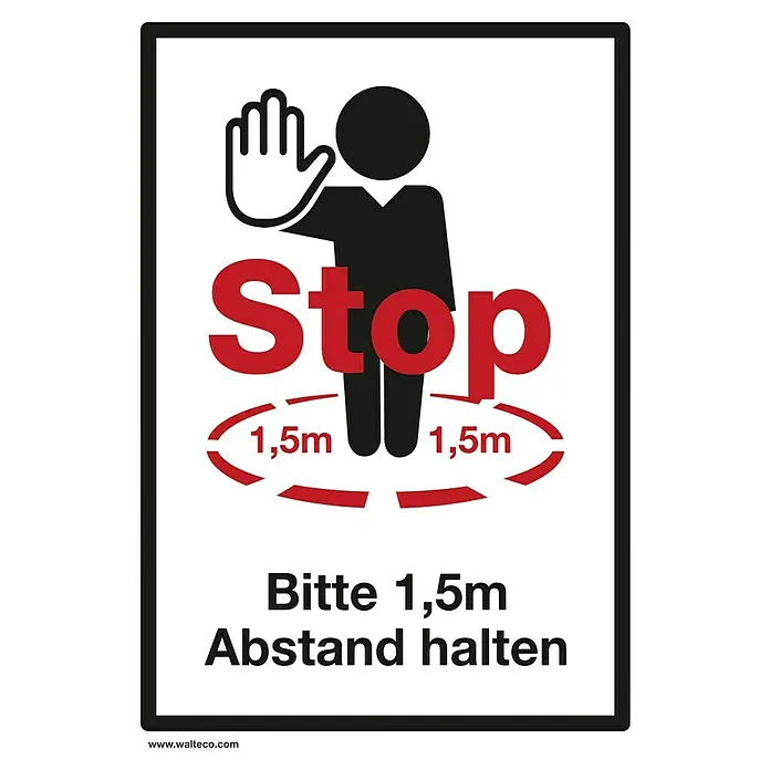 Aufkleber - Bitte 1,5 m Abstand halten, Weiß, L x B: 297 x 210 mm - Schild mit der Aufschrift „Bitte 1,5m Abstand halten“, das eine Person zeigt, die die Hand zum Stoppen hebt, um die soziale Distanzierung zu fördern.