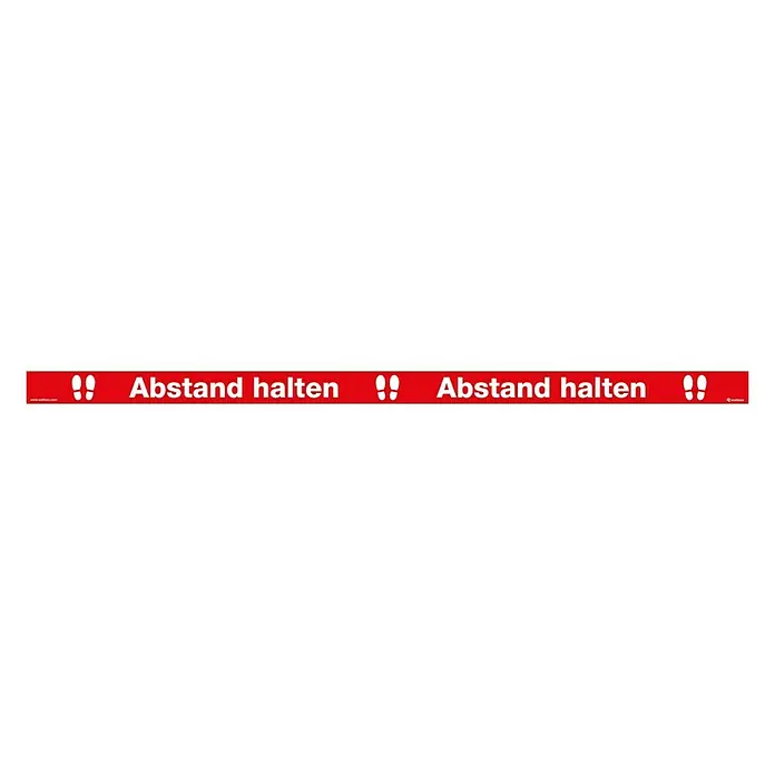 Aufkleber - Abstand halten, Rot, L x B: 1.000 x 50 mm - Rotes Band mit weißer Aufschrift "Abstand halten" und Fußabdrucksymbolen zur Kennzeichnung von Sicherheitsabstandsbereichen.