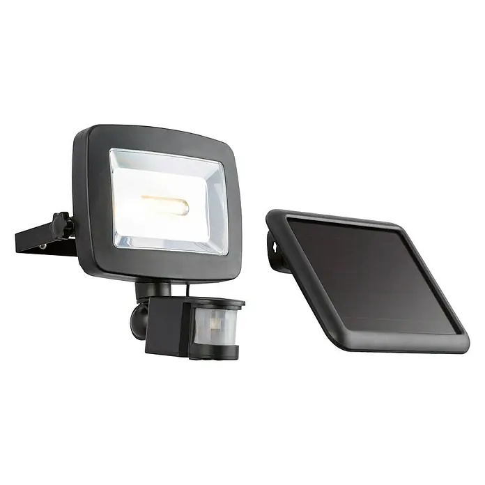 Globo Solar-LED-Strahler - IP44, Schwarz - Eine schwarze LED-Solarleuchte mit Bewegungssensor. Ideal für Außenbereiche, die Beleuchtung benötigen.