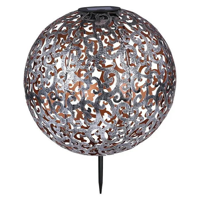 Globo Lámpara decorativa solar - Plateado, IP44, Ø x Al: 28,5 x 40 cm - Linterna solar esférica de metal con patrón delicado y estaca para el jardín. Proporciona una luz cálida.