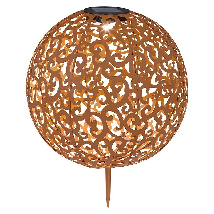 Globo Solar-Dekoleuchte - Rostfarben, Ø x H: 28,5 x 40 cm, LED - Eine dekorative Solarleuchte in Kugelform mit filigranen Aussparungen und Erdspieß für den Garten.
