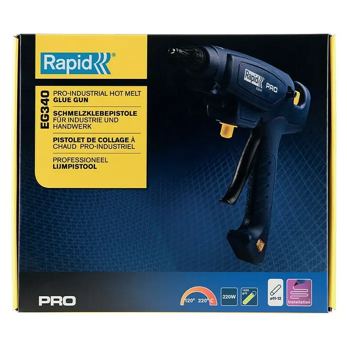 Rapid Heißklebepistole EG 340 PRO - Durchmesser Klebepatrone: 12 mm, 120 °C - 220 °C, 220 W - Abbildung einer Rapid EG340 Pro-Industrie-Heißklebepistole, ein professionelles Werkzeug für vielfältige Klebeanwendungen.
