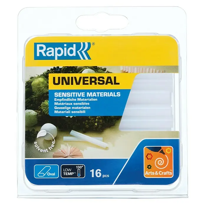 Rapid Klebepatronen - Passend für: Rapid Heißklebepistole EG130, 125 g, Transparent - Verpackung mit Rapid Universal-Klebesticks für empfindliche Materialien, lösungsmittelfrei und ideal für Bastelarbeiten bei niedriger Temperatur.