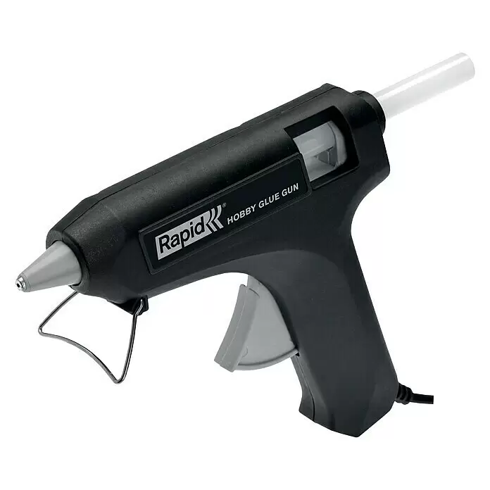 Rapid Set para pistola termoadhesiva Hobby - Diámetro cartucho de cola: 12 mm, 15 W - Pistola de pegamento caliente negra con gatillo y boquilla gris claro, barra de pegamento blanco y soporte metálico.