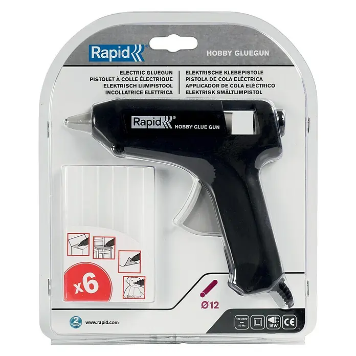 Rapid Set para pistola termoadhesiva Hobby - Diámetro cartucho de cola: 12 mm, 15 W - Pistola de pegamento Rapid Hobby envasada, una herramienta práctica para unir diversos materiales en manualidades.