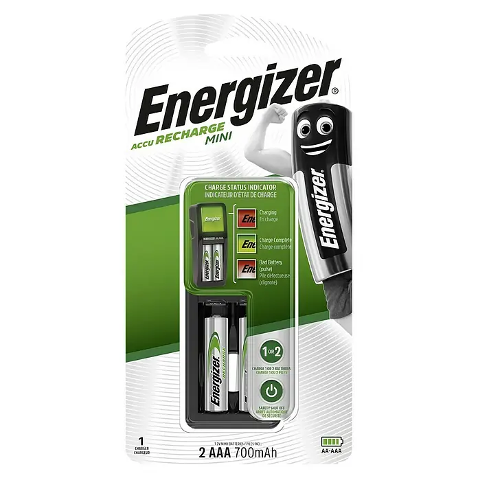 Energizer Ladegerät Mini - Ladekanäle: 2 - Das Bild zeigt ein Energizer Accu Recharge Mini Ladegerät mit zwei AAA-Batterien. Das Ladegerät verfügt über eine Ladestatusanzeige.