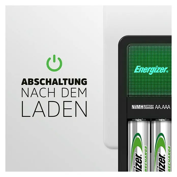 Energizer Ladegerät Mini - Ladekanäle: 2 - Das Bild zeigt ein Energizer-Ladegerät für AA/AAA-Akkus mit dem Text "Abschaltung nach dem Laden".