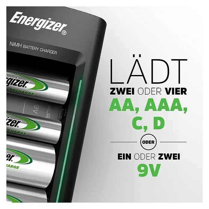 Energizer Ladegerät Universal - Ladekanäle: 4 - Das Bild zeigt ein Energizer NiMH-Akkuladegerät, das AA-, AAA-, C-, D- und 9-Volt-Akkus aufladen kann.