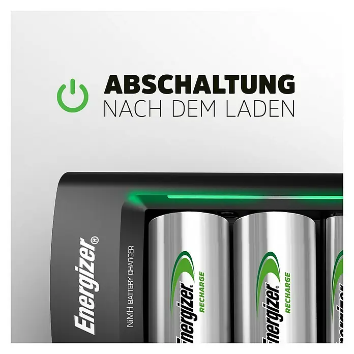 Energizer Ladegerät Universal - Ladekanäle: 4 - Nahaufnahme eines Energizer NiMH-Akkuladegeräts mit Akkus und deutschem Text "Abschaltung nach dem Laden".