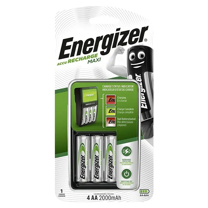 Energizer Ladegerät Maxi - Ladekanäle: 4 - Verpackung für Energizer Accu Recharge Maxi, inklusive Ladegerät und vier AA 2000mAh Akkus, mit Ladestatusanzeige.