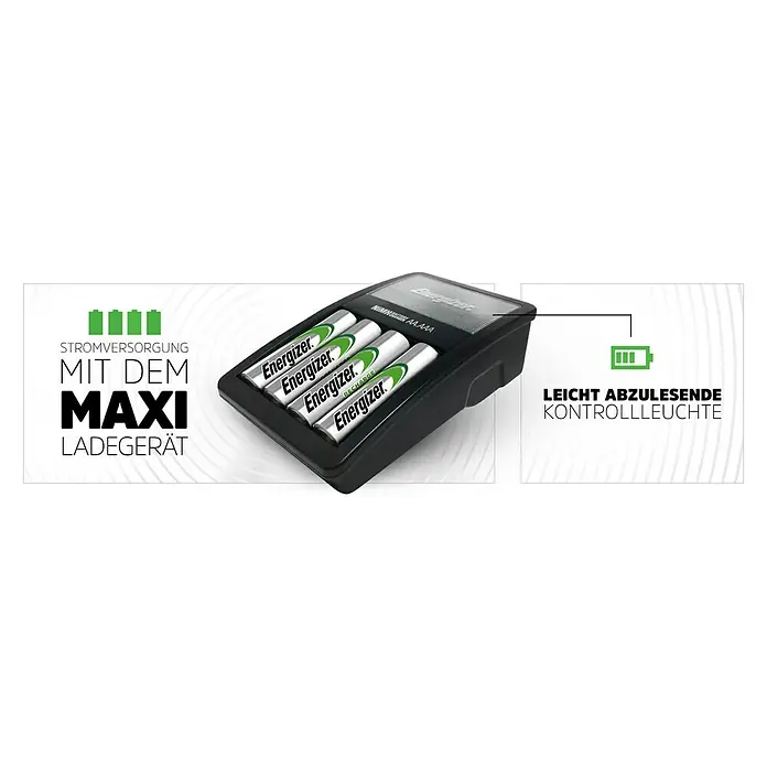 Energizer Ladegerät Maxi - Ladekanäle: 4 - Akku-Ladegerät mit vier Energizer-Akkus. Einfache LED-Kontrollleuchte, ideal zur Stromversorgung Ihrer Geräte.