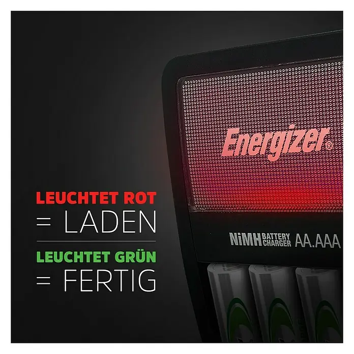 Energizer Ladegerät Maxi - Ladekanäle: 4 - Nahaufnahme eines Energizer-Akkuladegeräts, das AA- und AAA-Batterien aufladen kann. Rote Anzeige bedeutet Laden, Grün bedeutet Fertig.
