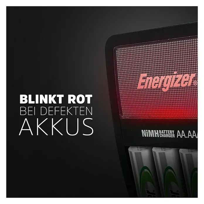 Energizer Ladegerät Maxi - Ladekanäle: 4 - Akkuladegerät von Energizer mit der Aufschrift "Blinkt Rot bei defekten Akkus" und roten LEDs.