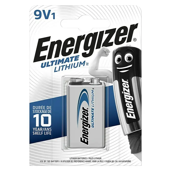Energizer Ultimate Lithium Batterie - 9-Volt-Block, Lithium, 1 Stk. - Eine 9V Energizer Ultimate Lithium Batterie in der Verpackung mit dem berühmten Energizer Hasen.