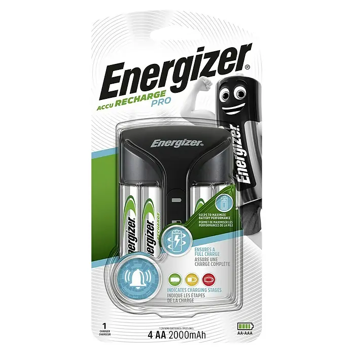 Energizer Ladegerät Pro - 4 Mignon-Akkus (AA) 2.000 mAh, Ladekanäle: 4 - Produktverpackung für ein Energizer Accu Recharge Pro-Ladegerät mit vier AA-Batterien und dem Hinweis auf Ladezustandsanzeige.