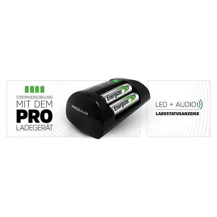 Energizer Ladegerät Pro - 4 Mignon-Akkus (AA) 2.000 mAh, Ladekanäle: 4 - Energizer Pro Ladegerät mit zwei wiederaufladbaren Batterien. Das Gerät verfügt über eine LED- und Audio-Ladezustandsanzeige.