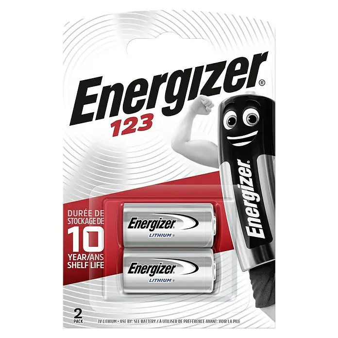 Energizer Batterie - Lithium, CR123A, 3 V, 2 Stk. - Eine Packung Energizer 123 Lithium-Batterien, mit einer Lagerfähigkeit von 10 Jahren und einem 3V Lithium Design für zuverlässige Leistung.